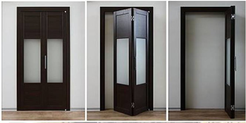 Шпонированные двери гармошка с матовыми стеклянными вставками Актобе